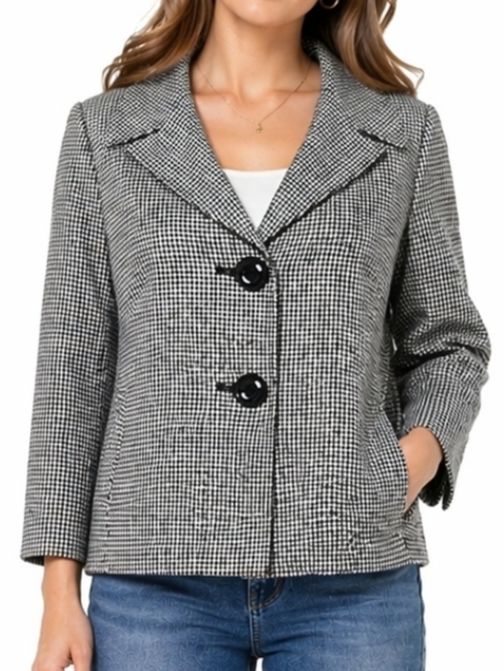 Talbots Wool Rayon Blend Black White Houndstooth Check Two Button Jacket Blazer